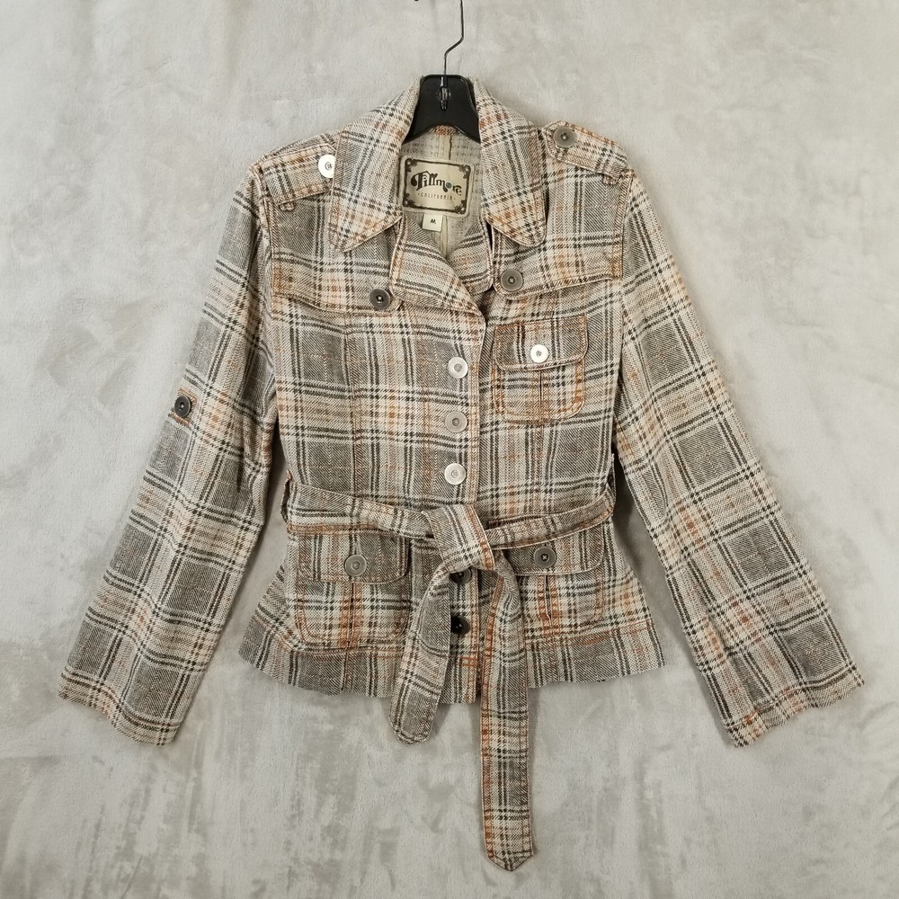 Fillmore Jacket Medium Brown Plaid‎ 100% Linen Belted 70's Pockets Hippie Retro